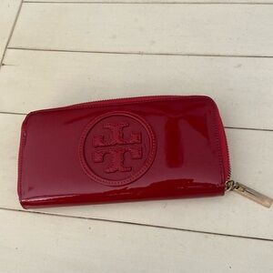 Tory Burch zip Continental wallet in red patent leather.